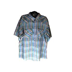 Men's 2X Western Frontier Pearl Snap Short Sleeve Shirt Blue Green Striped